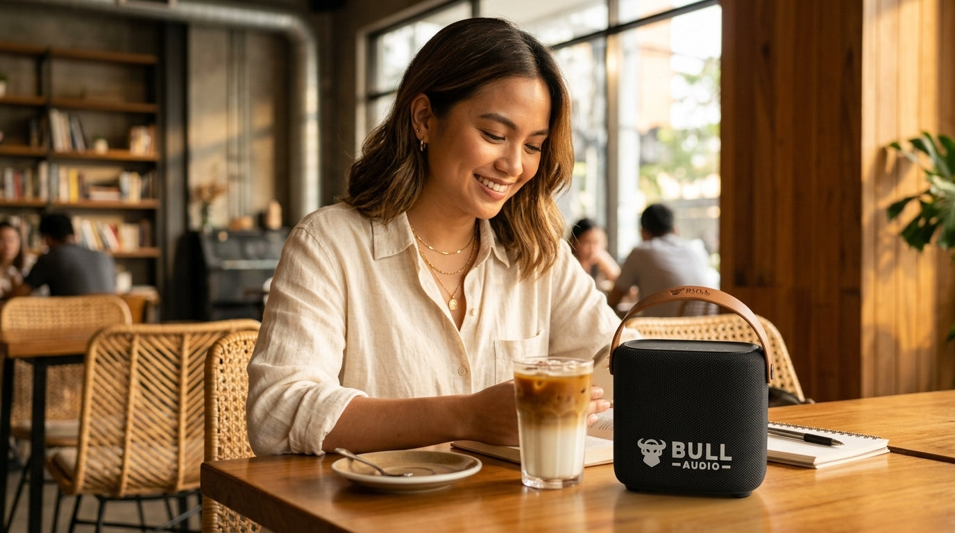 Filipino lifestyle photo with Bull Audio Retro speaker in a coffee shop