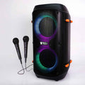 Black Bull Audio Alpha speaker with vibrant LED lights and 2 wired microphones.