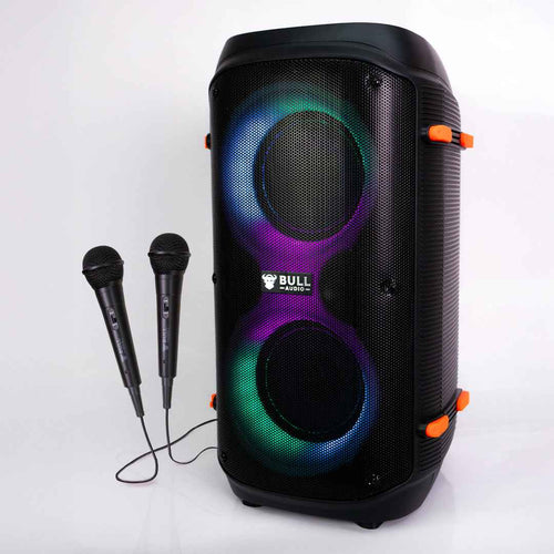 Black Bull Audio Alpha speaker with vibrant LED lights and 2 wired microphones.