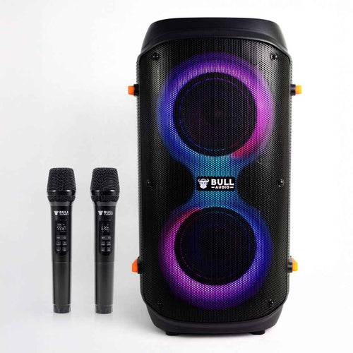 Bull Audio Alpha with 2 Wireless Microphone: black speaker, colorful LEDs, two wireless mics