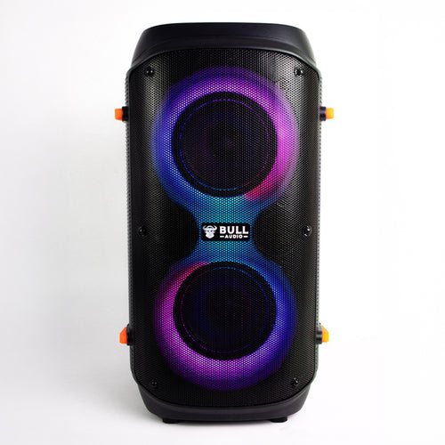 Bull Audio Alpha black portable speaker, front view, with two vibrant LED-lit grilles
