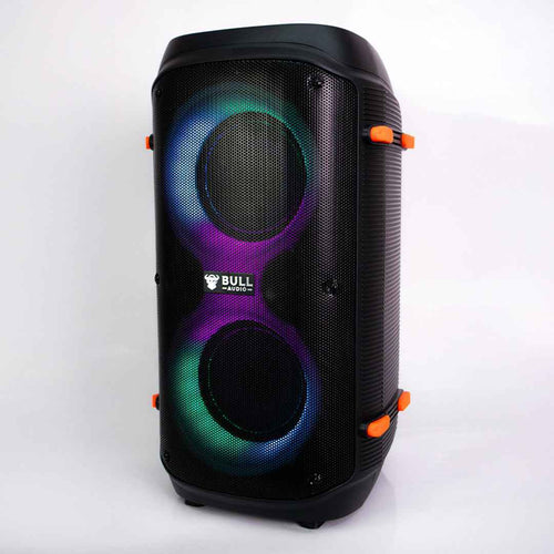 Bull Audio Alpha speaker, black with vibrant LED lights and orange side accents.