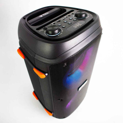 Black Alpha with 2 Wireless Microphone, top controls, display, and colorful speaker lights.