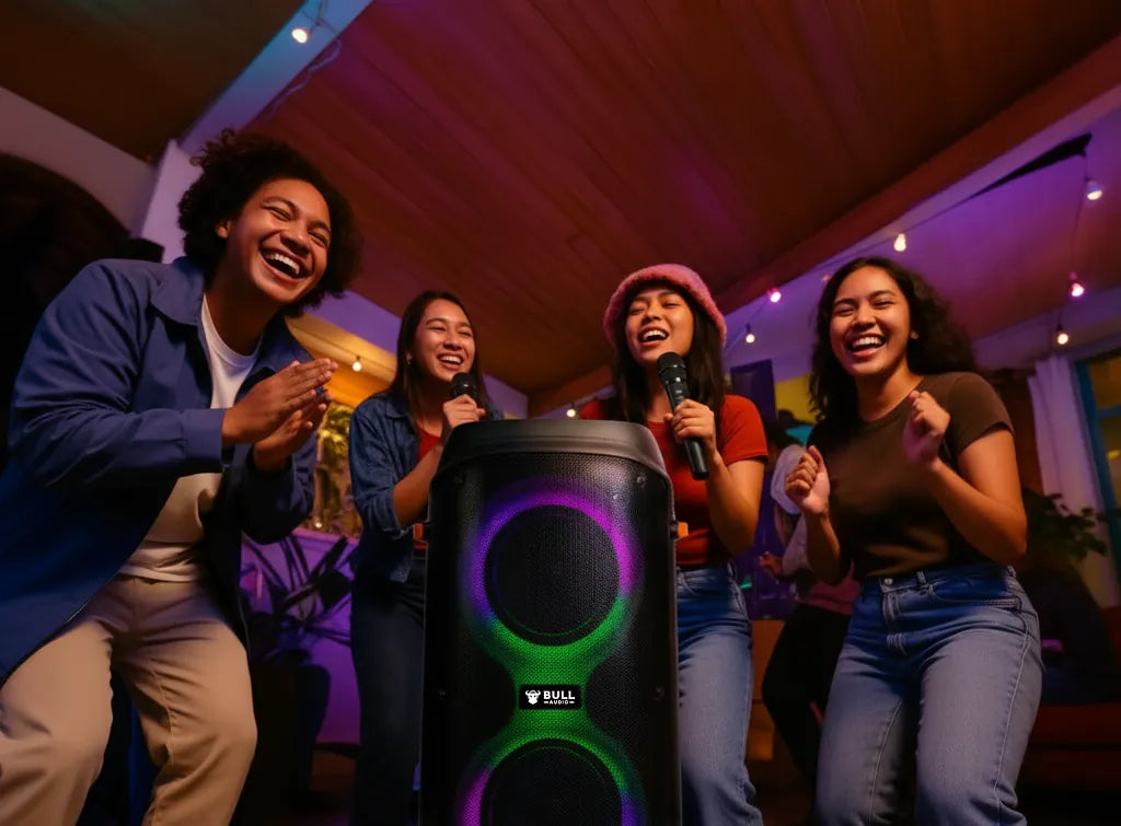 Bull Audio Alpha speaker with green and purple lights, friends singing and laughing.