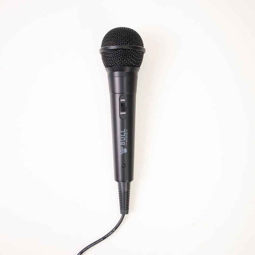 Top-down view of black Bull Audio BA-10 Wired Microphone with ON/OFF switch and attached cable.