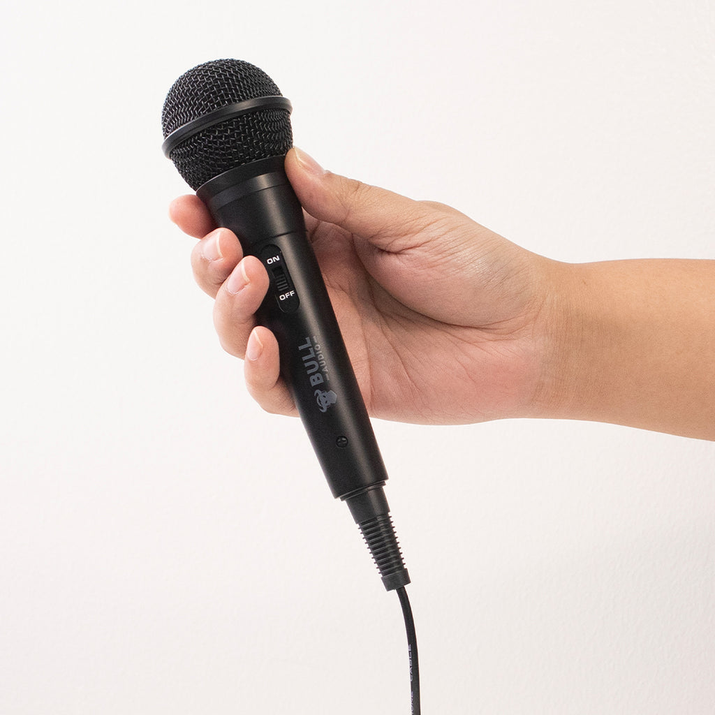 Hand holding a black microphone on a white background