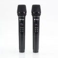 Two black Bull Audio BA-20 Wireless Microphones, front view showing displays and controls.