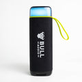 Bull Audio Drift black mesh portable speaker with glowing blue light and neon green strap.