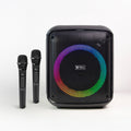 Black Bull Audio Nova portable speaker with vibrant RGB light ring and two wireless microphones.