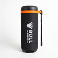 Bull Audio Twist black mesh portable speaker with orange band, volume controls, and lanyard.