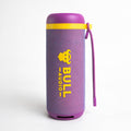 Purple Bull Audio Twist portable speaker with yellow accents and carrying strap.